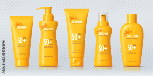Sunscreen cosmetic bottle mockups, skincare cream protection product in vibrant yellow containers featuring spf 50 plus labeling. Realistic 3d vector bottles with pump and flip caps for all skin types