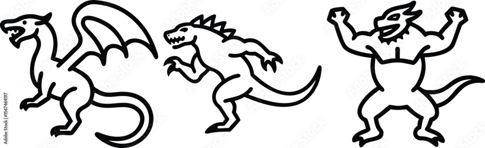 Fototapeta premium Three stylized dragons in a row with different poses and expressions