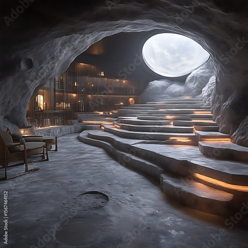 Modern interior design of a subterranean cave-like space.