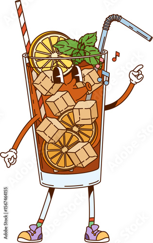 Long Island cocktail, soda drink groovy character. Refreshing cold cocktail retro vector personage, alcohol drink glass cheerful mascot. Long Island beverage groovy character with lemon, mint and ice