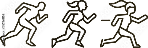 Three stylized figures in motion representing running and athletic activity