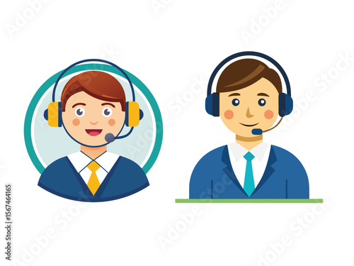 Two friendly cartoon male customer service representatives wearing headsets and suits isolated on white background
