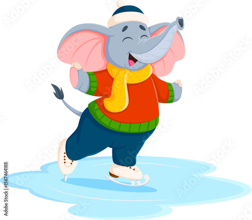Cartoon cute elephant character on ice skates. African fauna kid funny isolated vector character, zoo or circus animal cute personage. Elephant ice skating child cheerful mascot or happy personage