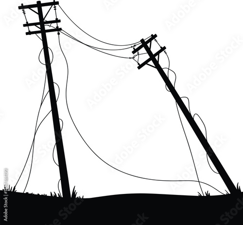 Damaged leaning power poles cad drawing flat vector illustration, sagging electric wires, unstable wooden infrastructure, safety risk scenario, engineering hazard sketch