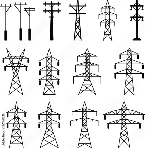 Electric power pole and high voltage transmission tower icon set, energy distribution, grid infrastructure elements, utility pylon vector illustration