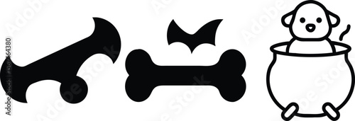 Vector illustration set of dog and wolf cartoon silhouettes with heart, bone, and wrench symbols