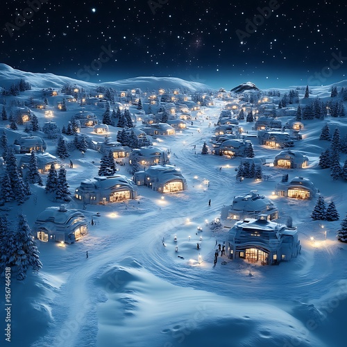 A picturesque winter village nestled in the snowy mountains at night.