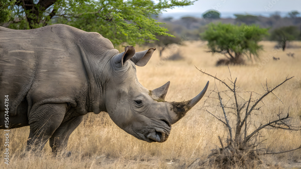 Obraz premium A solitary rhino strides through lush green grass, embodying the beauty of wildlife in its natural environment