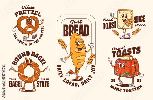 Groovy bakery characters t shirt print and posters of cartoon wheat bread loaves. Vector retro groovy y2k baguette, toast, simit bagel and pretzel characters with happy faces and cereal ears posters