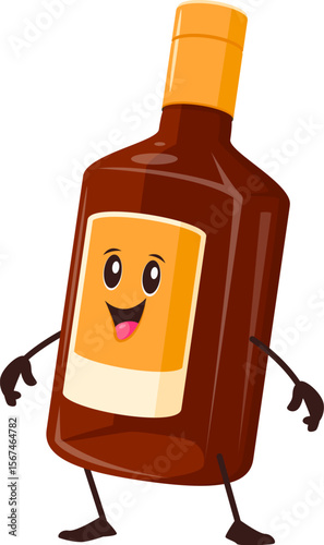 Cartoon cognac or whiskey drink cute character. Alcohol beverage funny hippie vintage vector character, party booze bottle cheerful groovy 60s personage. Bar whiskey drink cute mascot or character