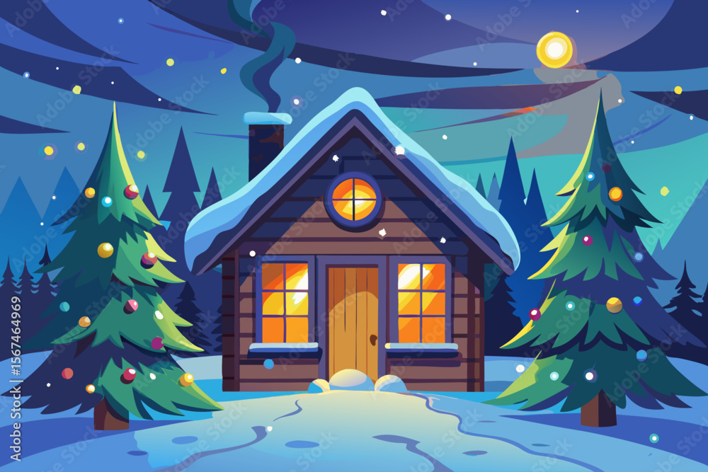 Naklejka premium Cozy Winter Cabin A Festive Holiday Home in Snowy Forest