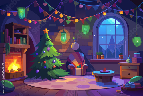 Cozy Christmas Room Festive Winter Wonderland Illustration