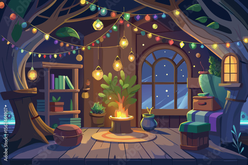 Enchanted Treehouse Cozy Nighttime Interior with Fairy Lights and Fireplace