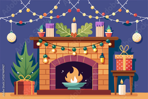 Cozy Christmas Fireplace Scene Festive Decor, Warm Lights, and Gifts