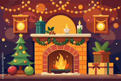Cozy Christmas Fireplace Scene Festive Decorations, Warm Lights, and Holiday Cheer
