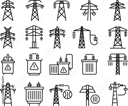 Electrical infrastructure icon set cad drawing flat vector illustration, transmission towers and transformers collection, power grid components layout sketch view
