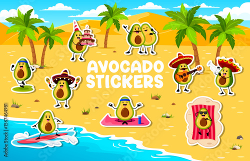 Cartoon avocado characters stickers pack. Avocados fruit mexican mariachi musicians, surfing and sunbathing on beach, holding birthday cake, jogging and doing yoga vector characters stickers set