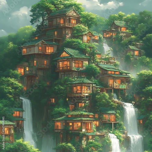 Lush, cascading waterfalls flow through a hillside village of charming homes.