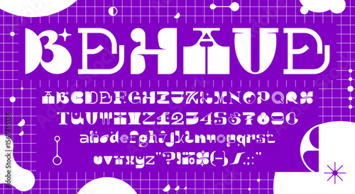Abstract modern brutal font, geometric typeface letters. Vector Y2K groovy alphabet. Bold decorative abc uppercase and lowercase letters, numbers and punctuation symbols on violet grid background