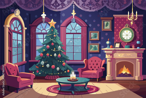 A festive Christmas interior with a decorated tree, fireplace, and holiday lights creates a warm celebration scene