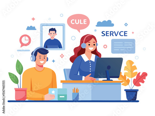 Two smiling customer service representatives wearing headsets working at computers isolated on white background
