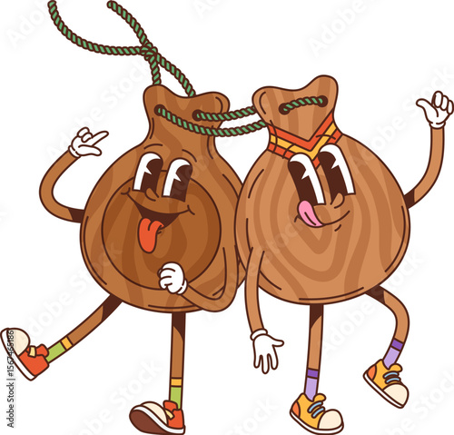 Cartoon groovy castanets musical instrument characters. Isolated vector funny percussion music tools of Latin America. Spanish culture, art and tradition friends personages flashing positive gestures