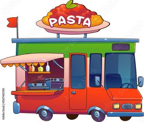 Italian food truck car, festival street foodtruck van serving freshly made pasta, featuring a giant plate of spaghetti on top. Cartoon vector retro mobile, authentic cuisine eatery, street food vendor