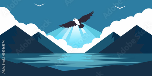 Flying seagulls soar over a vast mountain and ocean landscape under a blue sky