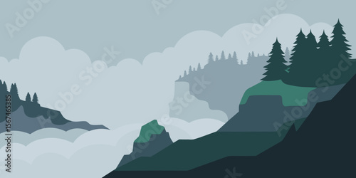 Majestic mountain landscape at sunrise, veiled in fog and mist, with a clear sky above rugged peaks and a tranquil valley view