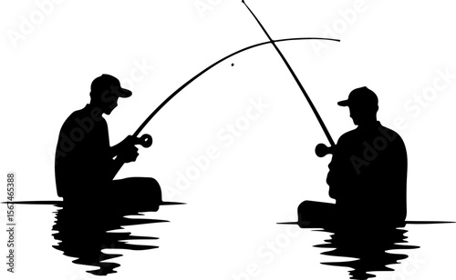 silhouette of a fisherman and a fishing, fishing, fisherman, silhouette, sport, fish, rod, vector, people, leisure, illustration, water, sea, sunset, angler, rope, person, hobby, woman, fun, black