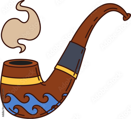 Cartoon groovy pirate smoking pipe with decorative wave patterns, gold accents and curling smoke. Isolated vector nautical object, classic marine curved pipe, evoking a seafaring, adventurous vibe