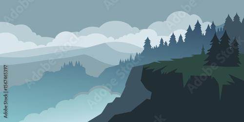 Misty morning mountain landscape with a serene view of hills and peaks under a vast sky at dawn