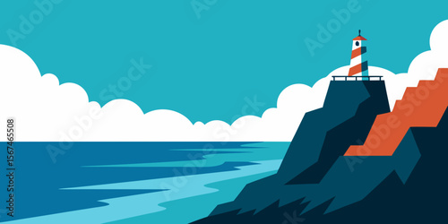A picturesque vector illustration showcases a majestic lighthouse and an ancient castle, both perched dramatically on a rocky island amidst the vast ocean under a boundless sky