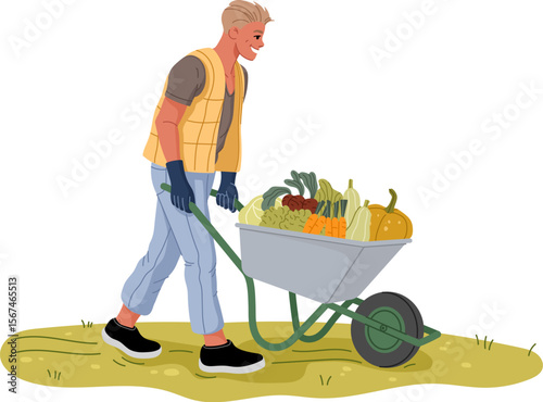 Farmer or gardener character with vegetables harvest in wheelbarrow, vector farm people. Farmer man or gardener on agriculture farm worker carrying veggie harvest in cart from farming field