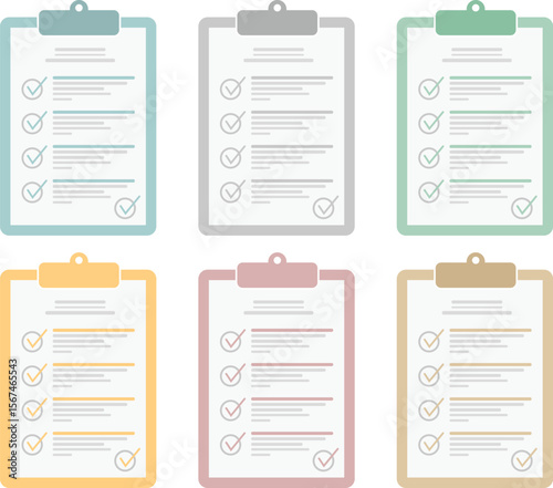 Collection of six pastel colored clipboards with checklists and checkmarks isolated on transparent background