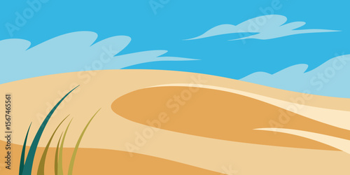 Golden sand dunes meet the vast ocean under a sunny sky, with a lone palm tree silhouetted against the blue