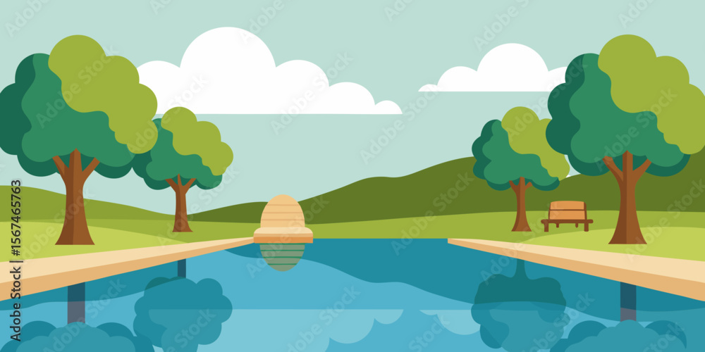 Fototapeta premium Serene Lakeside Park Tranquil Landscape Illustration