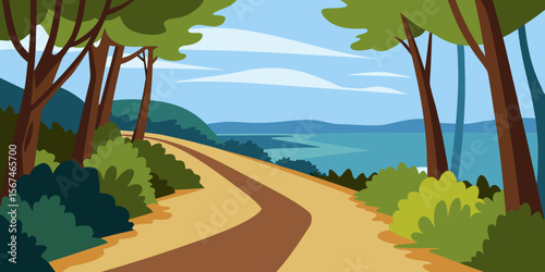 A picturesque summer landscape unfolds with a winding road leading through a green forest towards majestic mountains under a clear sky