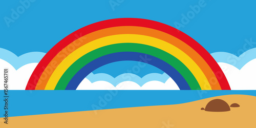 Colorful rainbow arcs over a bright summer beach and blue sea, a vibrant nature illustration of a beautiful weather phenomenon