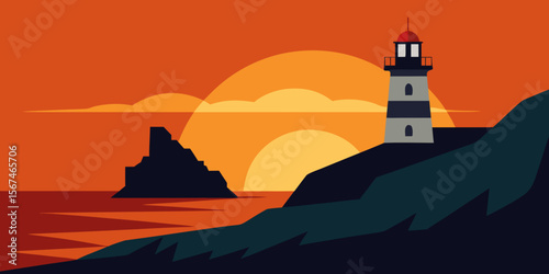 Sunset casts a warm light on a solitary lighthouse tower standing on a rocky island coastline, a beacon overlooking the sea