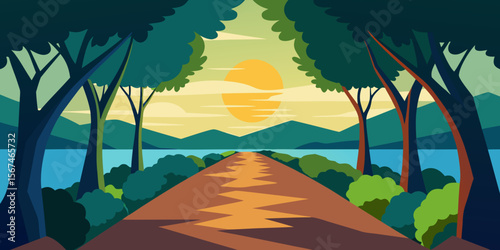 Vibrant summer sunset mountain landscape with palm trees and a sunny sky, illustrating a serene natural environment