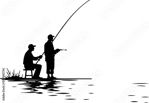 silhouette of a fisherman and a fishing, fishing, fisherman, silhouette, sport, fish, rod, vector, people, leisure, illustration, water, sea, sunset, angler, rope, person, hobby, woman, fun, black