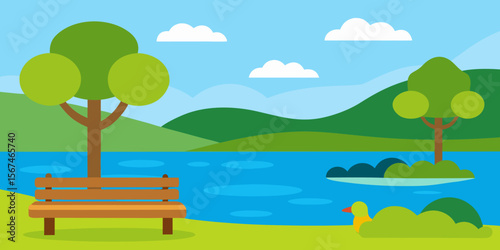 Serene Lakeside Park Peaceful Bench, Lush Trees, and Calm Waters