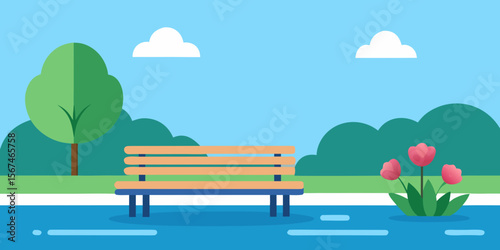 Serene Lakeside Park Bench Peaceful Nature Scene Illustration