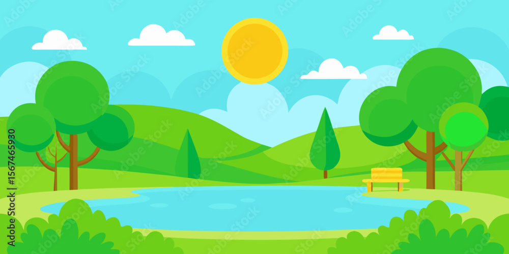 Fototapeta premium Serene Lakeside Park A Picturesque Summer Landscape Illustration