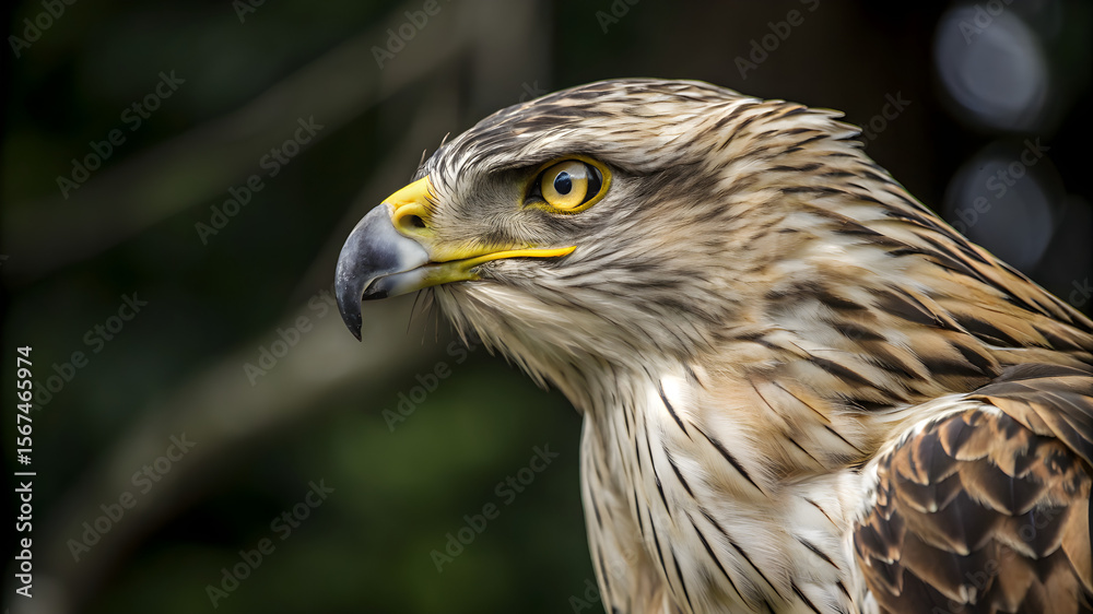 Obraz premium Close-up of a hawk with piercing yellow eyes, highlighting its sharp features and intense gaze