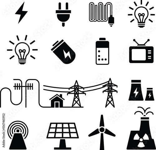 Electricity symbol icon set cad drawing flat vector illustration, power generation and transmission visuals, infrastructure and energy tools layout grid
