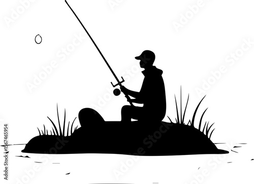 fishing on the lake, fishing, silhouette, vector, illustration, fish, fisherman, black, water, cartoon, sport, lake, sunset, war, nature, art, people, kite, boy, abstract, boat