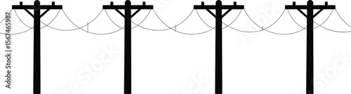 Electricity transmission poles vector illustration, utility lines infrastructure design, power line distribution system black silhouette, cad drawing flat vector illustration