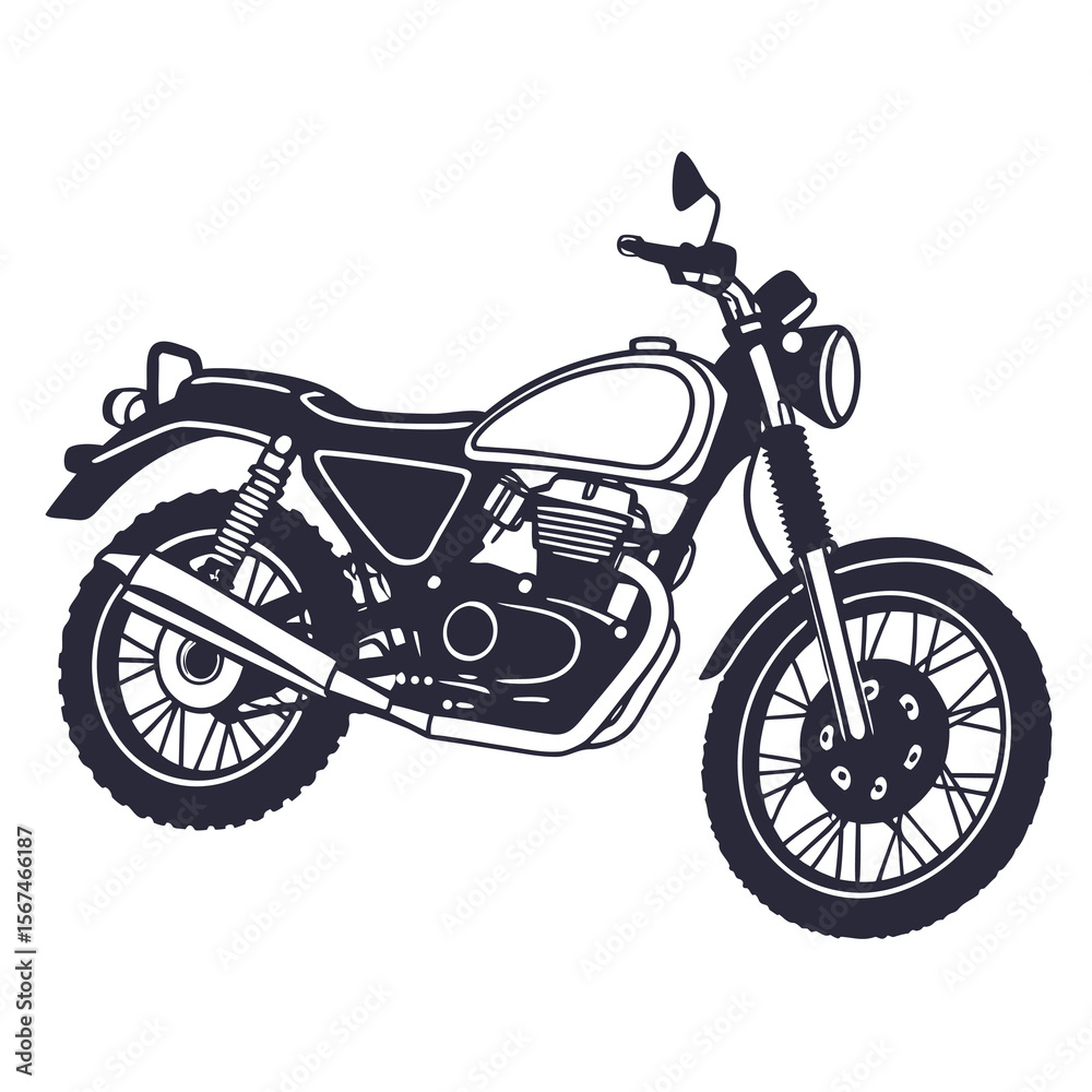 Fototapeta premium Classic scrambler motorcycle silhouette with detailed spoked wheels and exhaust system